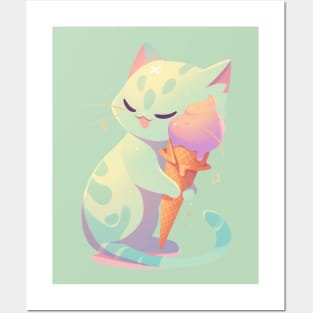 ice cream cat lover - green alien cat Posters and Art